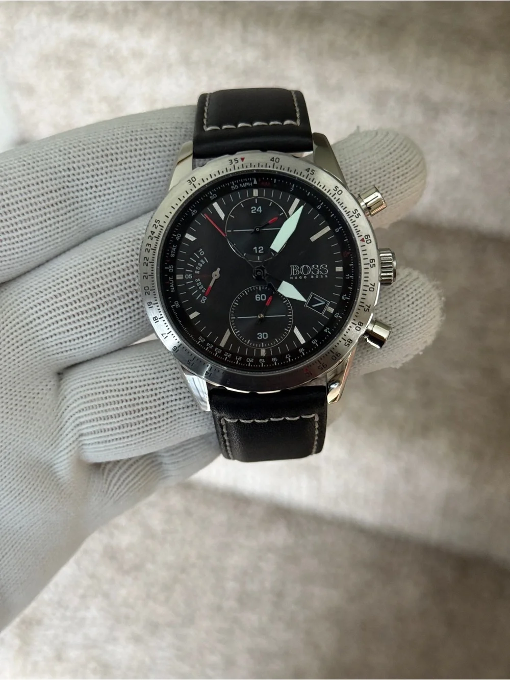 Hugo Boss Pilot Edition Black Dial Black Leather Strap Men's Watch